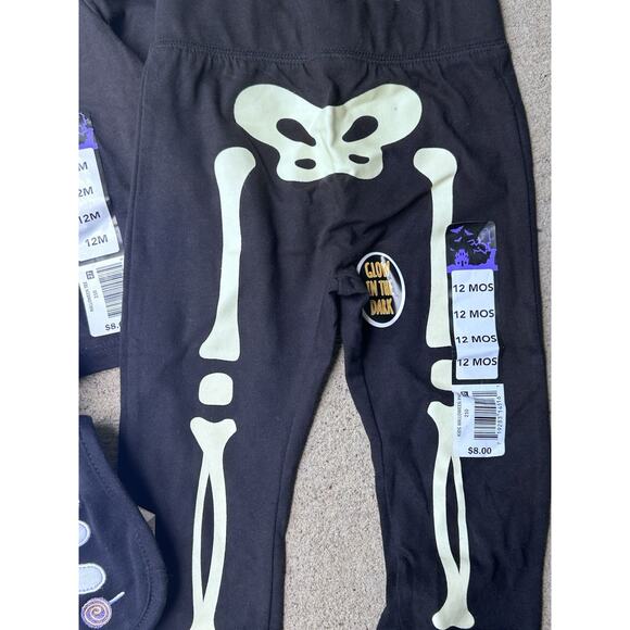 Infant Toddler 12m Halloween Outfit Skeleton Shirt Pants Bib Hat Glow New - Picture 3 of 7
